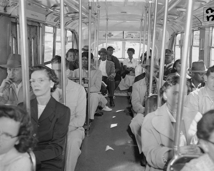 African-American and white passengers on an Atlanta Transit Company trolley on April 23, 1956, shortly after the outlawing of segregation on all public buses. Horace Cort, via Associated Press