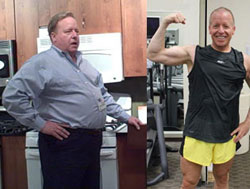 Before: Eric at 330 pounds, withdrawn and sluggish  After: At 180 pounds, happy and active