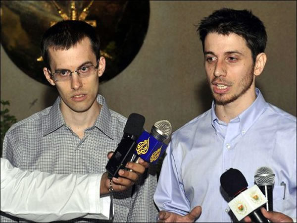 Shane and Josh talk to the media upon their arrival in Muscat, Oman, after being released from Iran.